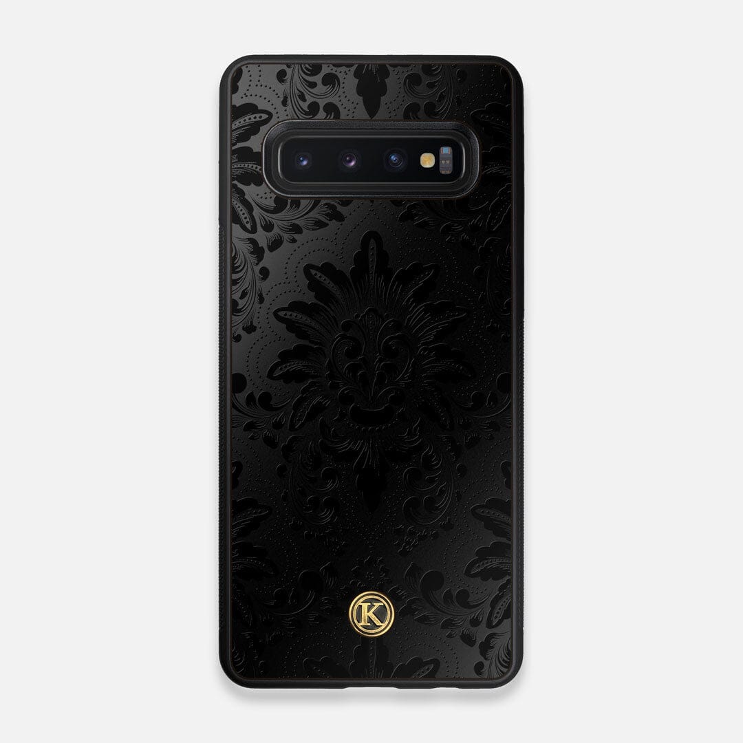 Front view of the detailed gloss Damask pattern printed on matte black impact acrylic Galaxy S10 Case by Keyway Designs