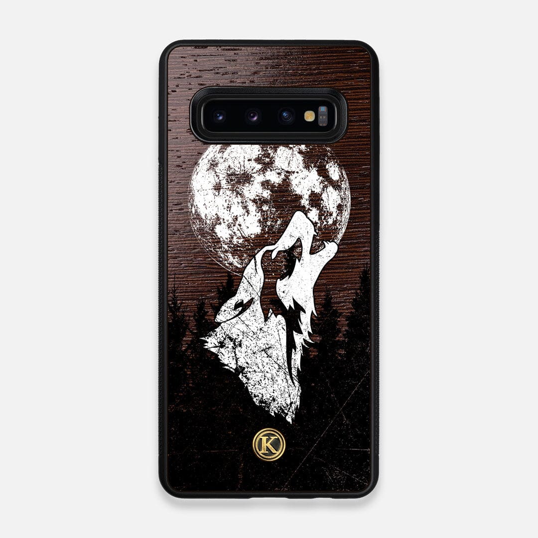 Front view of the high-contrast howling wolf on a full moon printed on a Wenge Wood Galaxy S10 Case by Keyway Designs