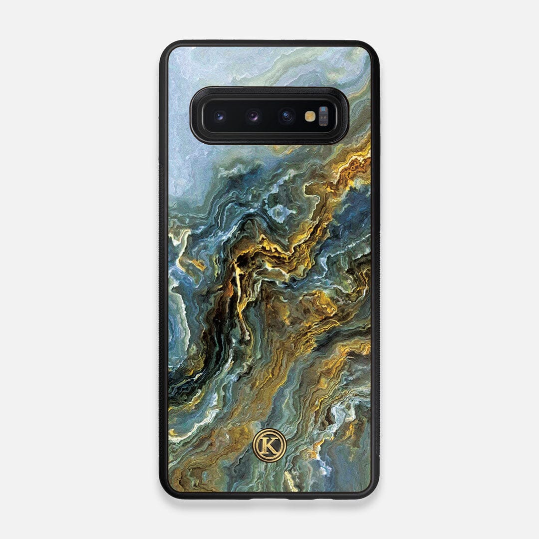 Front view of the vibrant and rich Blue & Gold flowing marble pattern printed Wenge Wood Galaxy S10 Case by Keyway Designs