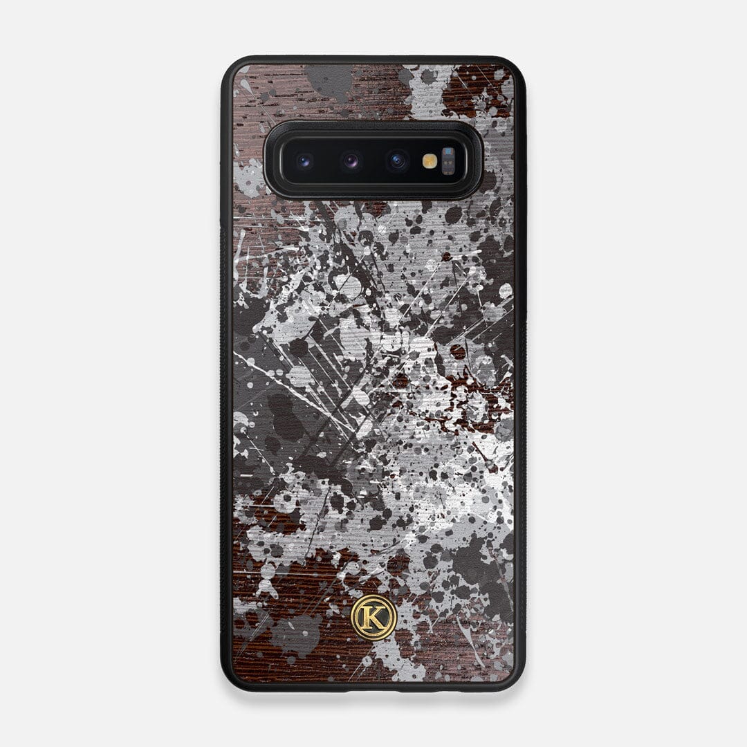 Front view of the aggressive, monochromatic splatter pattern overprintedprinted Wenge Wood Galaxy S10 Case by Keyway Designs