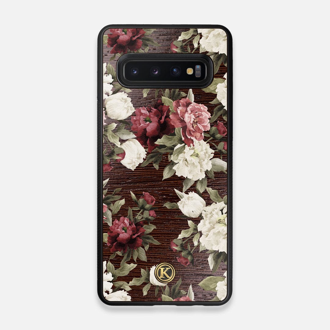 Front view of the Rose white and red rose printed Wenge Wood Galaxy S10 Case by Keyway Designs