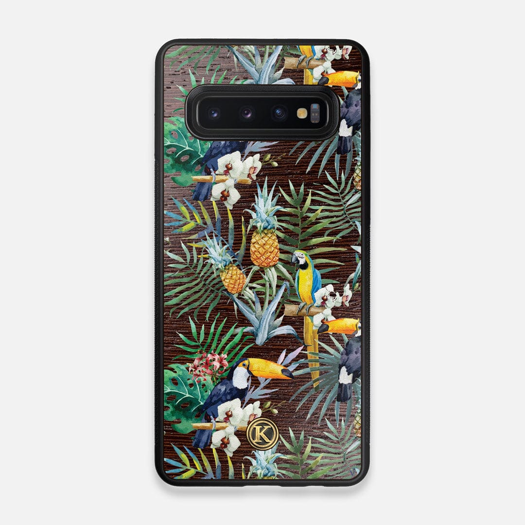 Front view of the Tropic Toucan and leaf printed Wenge Wood Galaxy S10 Case by Keyway Designs