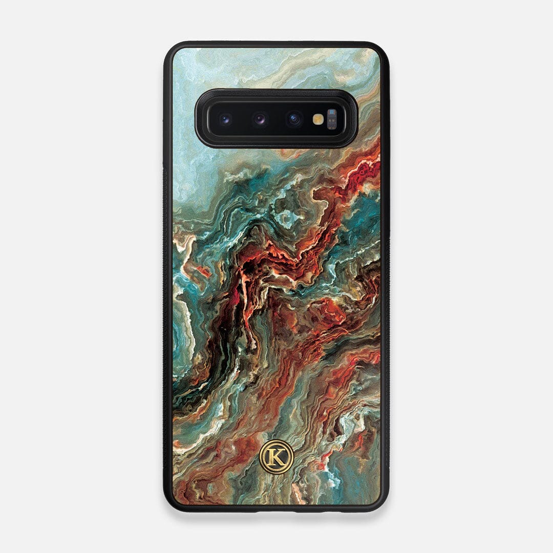 Front view of the vibrant and rich Red & Green flowing marble pattern printed Wenge Wood Galaxy S10 Case by Keyway Designs