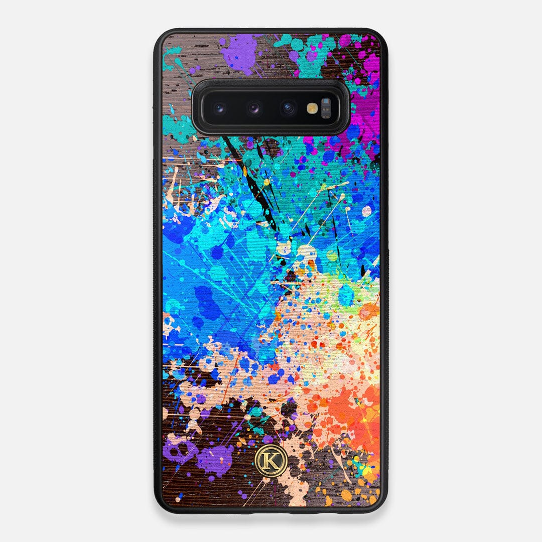 Front view of the realistic paint splatter 'Chroma' printed Wenge Wood Galaxy S10+ Case by Keyway Designs