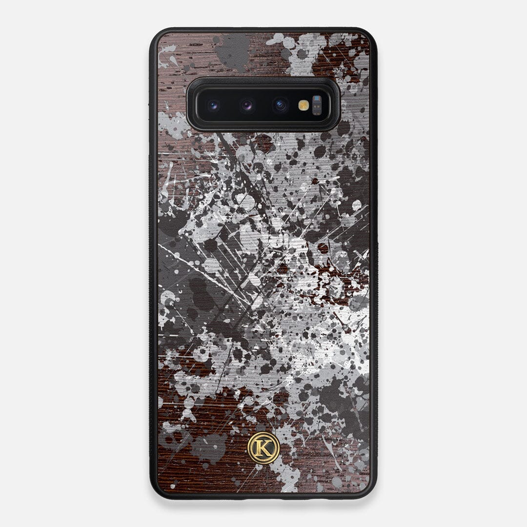 Front view of the aggressive, monochromatic splatter pattern overprintedprinted Wenge Wood Galaxy S10+ Case by Keyway Designs