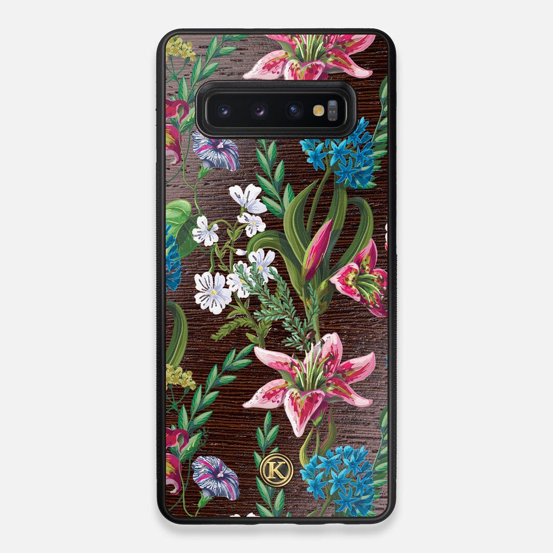 Front view of the Stargazer Lily printed Wenge Wood Galaxy S10+ Case by Keyway Designs