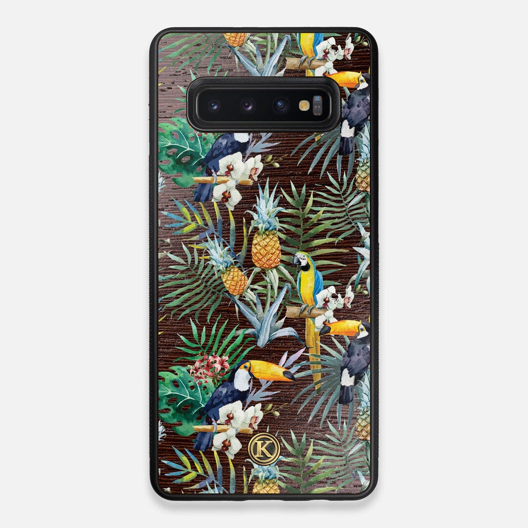 Front view of the Tropic Toucan and leaf printed Wenge Wood Galaxy S10+ Case by Keyway Designs