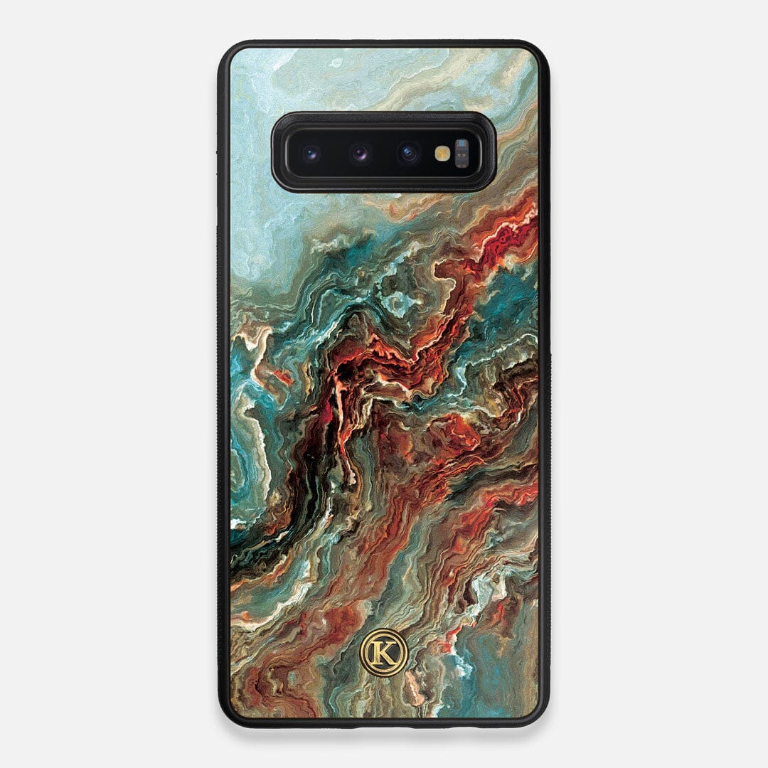 Front view of the vibrant and rich Red & Green flowing marble pattern printed Wenge Wood Galaxy S10+ Case by Keyway Designs