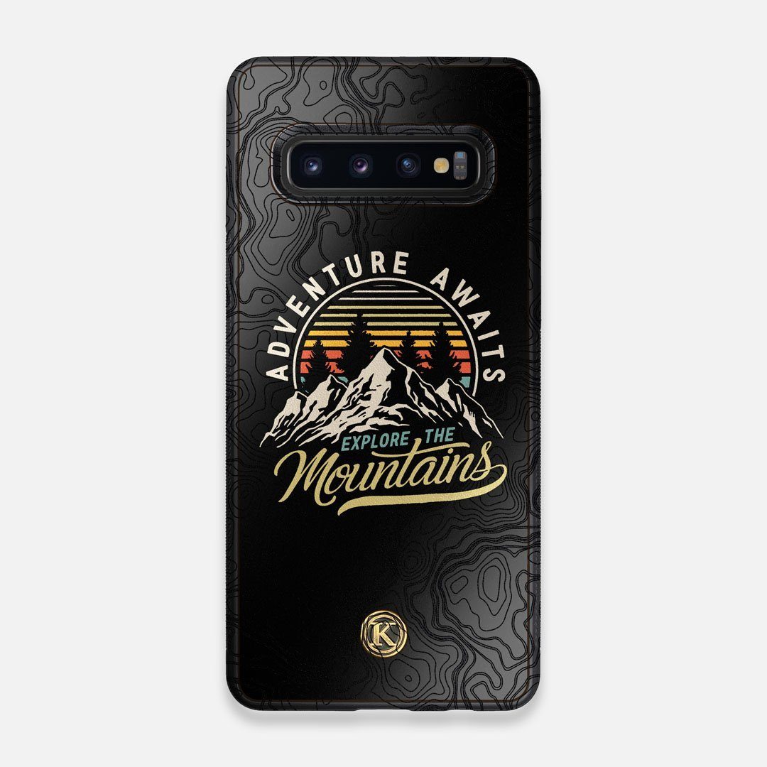 Front view of the crisp topographical map with Explorer badge printed on matte black impact acrylic Galaxy S10 Case by Keyway Designs