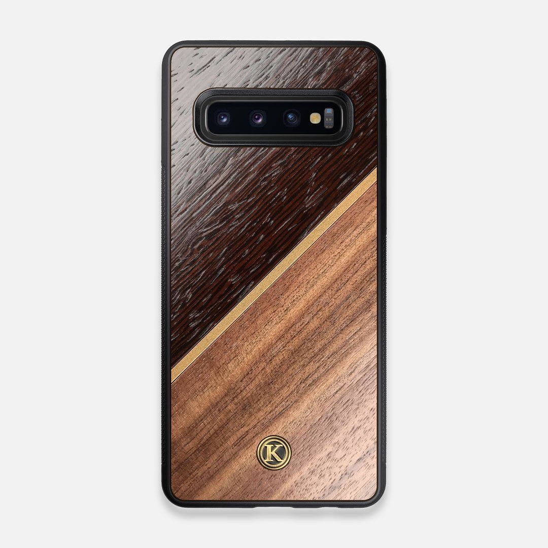 Front view of the Alium Walnut, Gold, and Wenge Elegant Wood Galaxy S10 Case by Keyway Designs