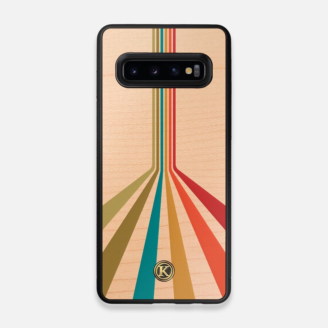 Front view of the array of colour beams splitting across the case printed on Maple wood Galaxy S10 Case by Keyway Designs
