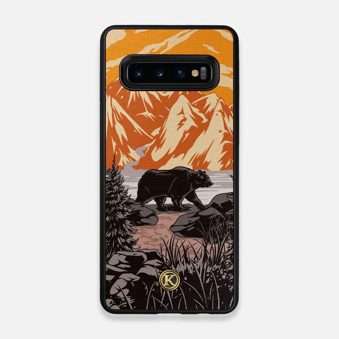 Front view of the stylized Kodiak bear in the mountains print on Wenge wood Galaxy S10 Case by Keyway Designs