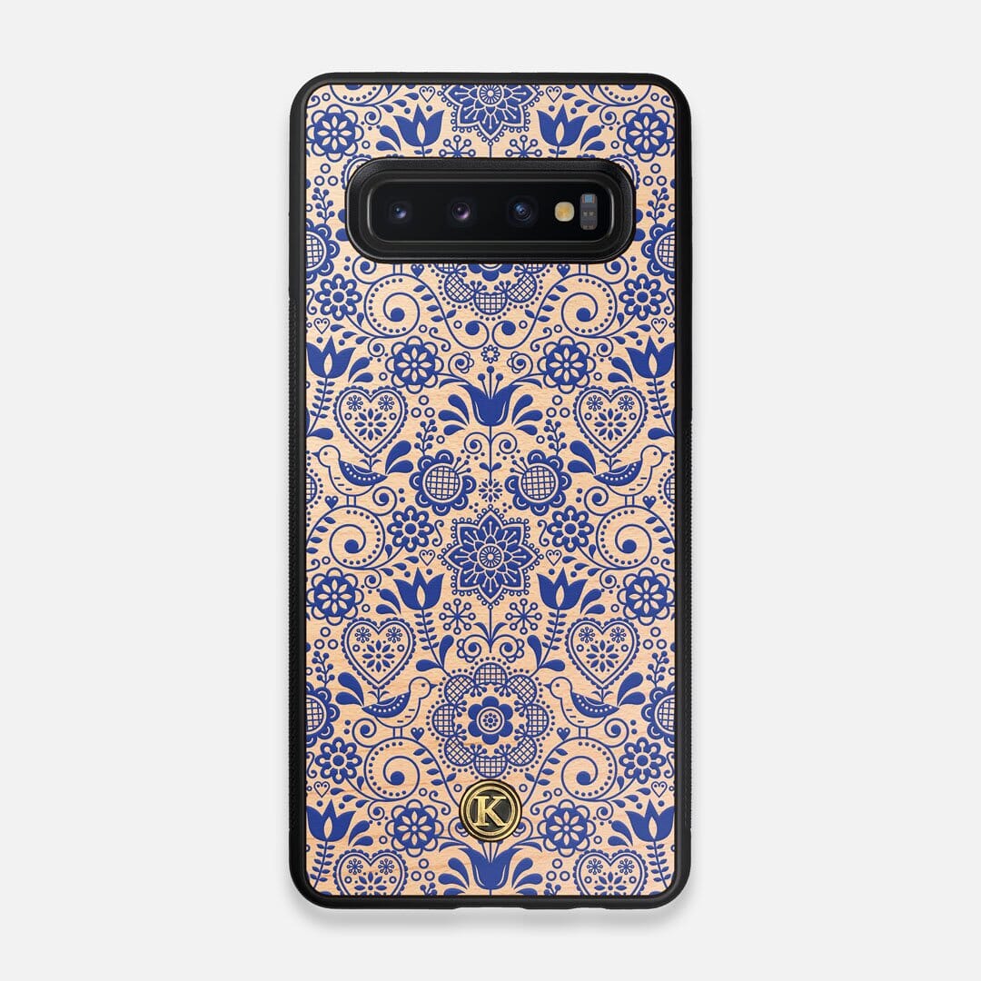 Front view of the blue floral pattern on maple wood Galaxy S10 Case by Keyway Designs