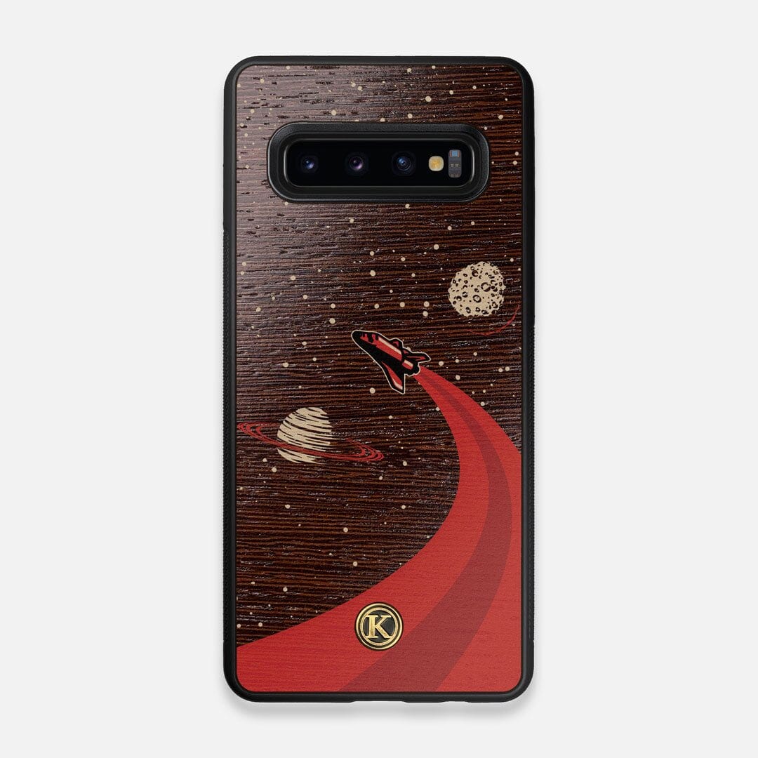 Front view of the stylized space shuttle boosting to saturn printed on Wenge wood Galaxy S10 Case by Keyway Designs