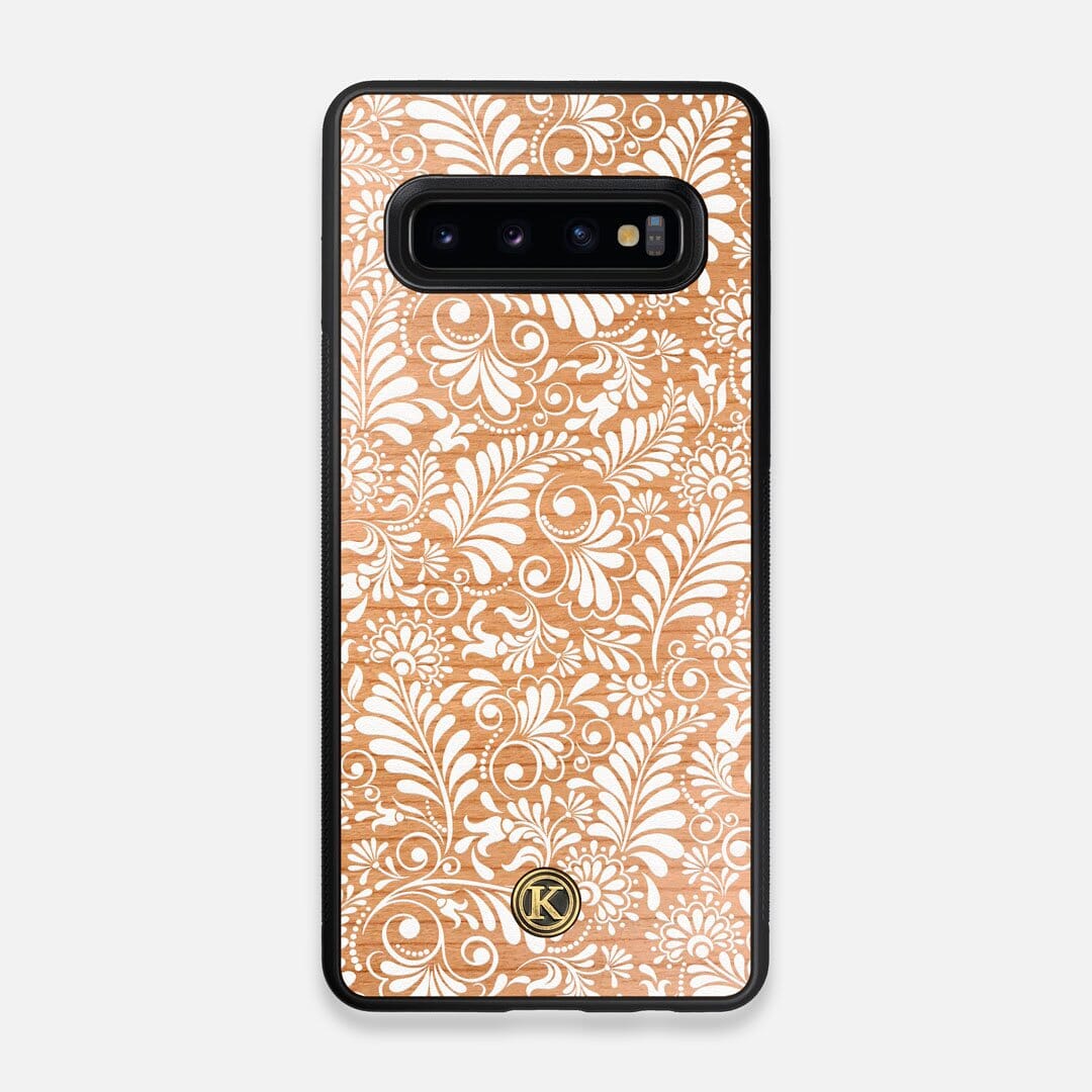 Front view of the white ink flowing botanical print on Cherry wood Galaxy S10 Case by Keyway Designs