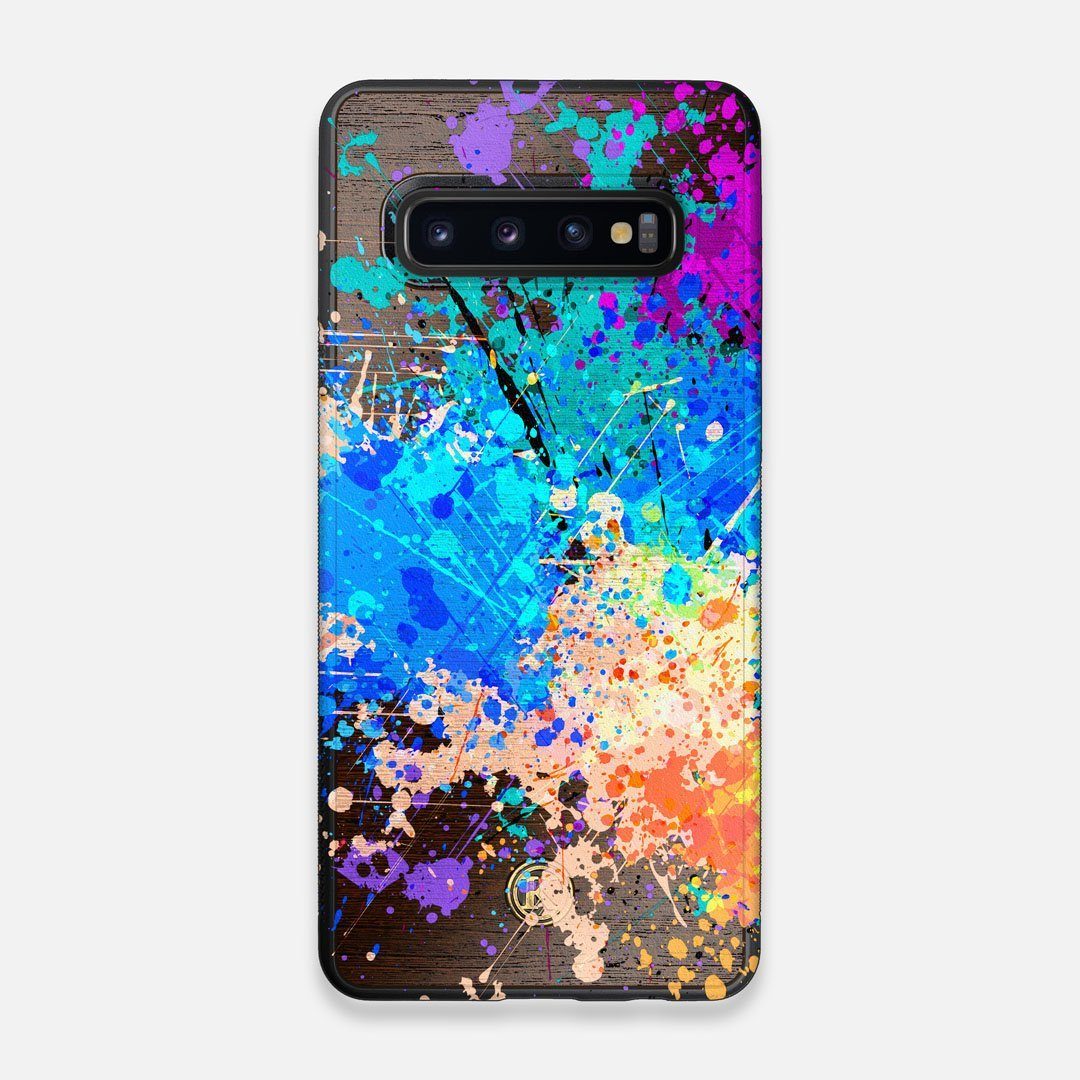 Front view of the realistic paint splatter 'Chroma' printed Wenge Wood Galaxy S10 Case by Keyway Designs