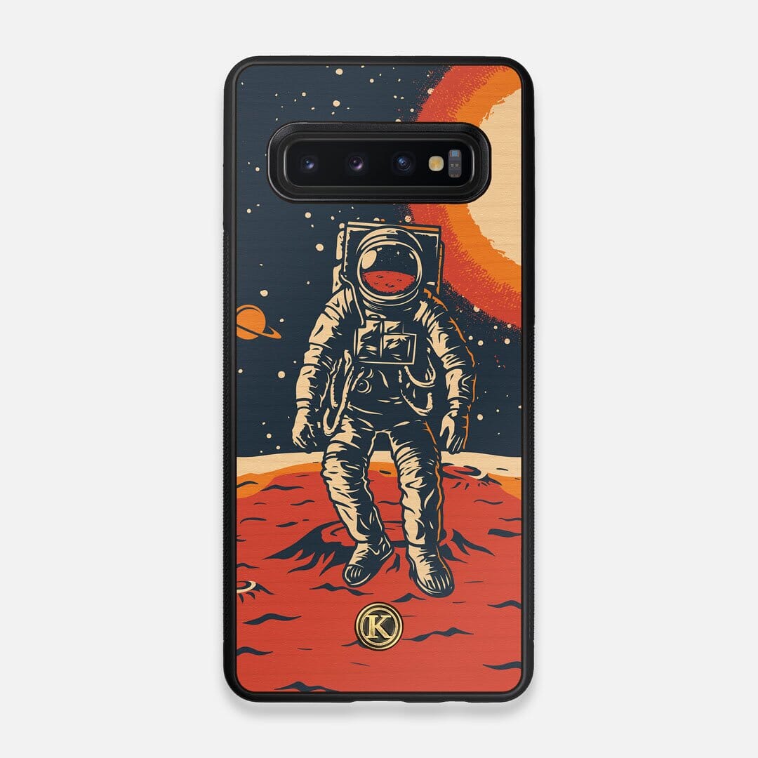 Front view of the stylized astronaut space-walk print on Cherry wood Galaxy S10 Case by Keyway Designs