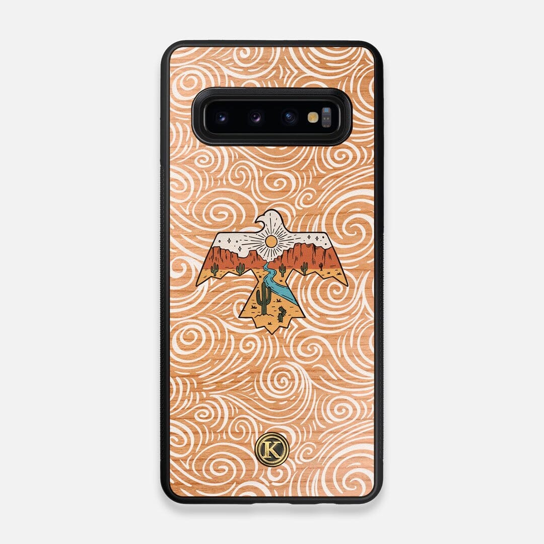 Front view of the double-exposure style eagle over flowing gusts of wind printed on Cherry wood Galaxy S10 Case by Keyway Designs