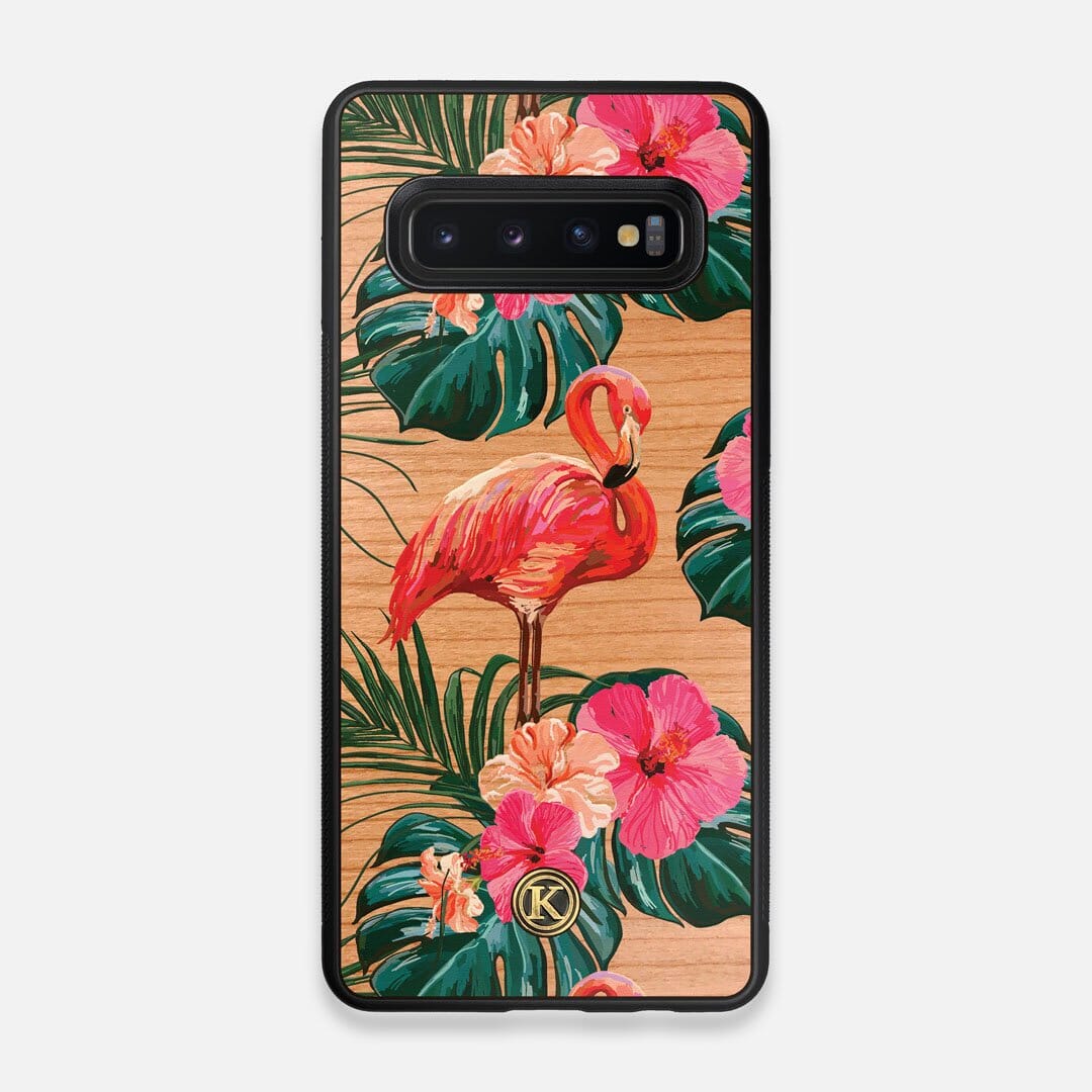 Front view of the Flamingo & Floral printed Cherry Wood Galaxy S10 Case by Keyway Designs