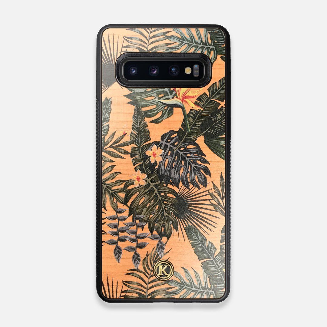 Front view of the Floral tropical leaf printed Cherry Wood Galaxy S10 Case by Keyway Designs
