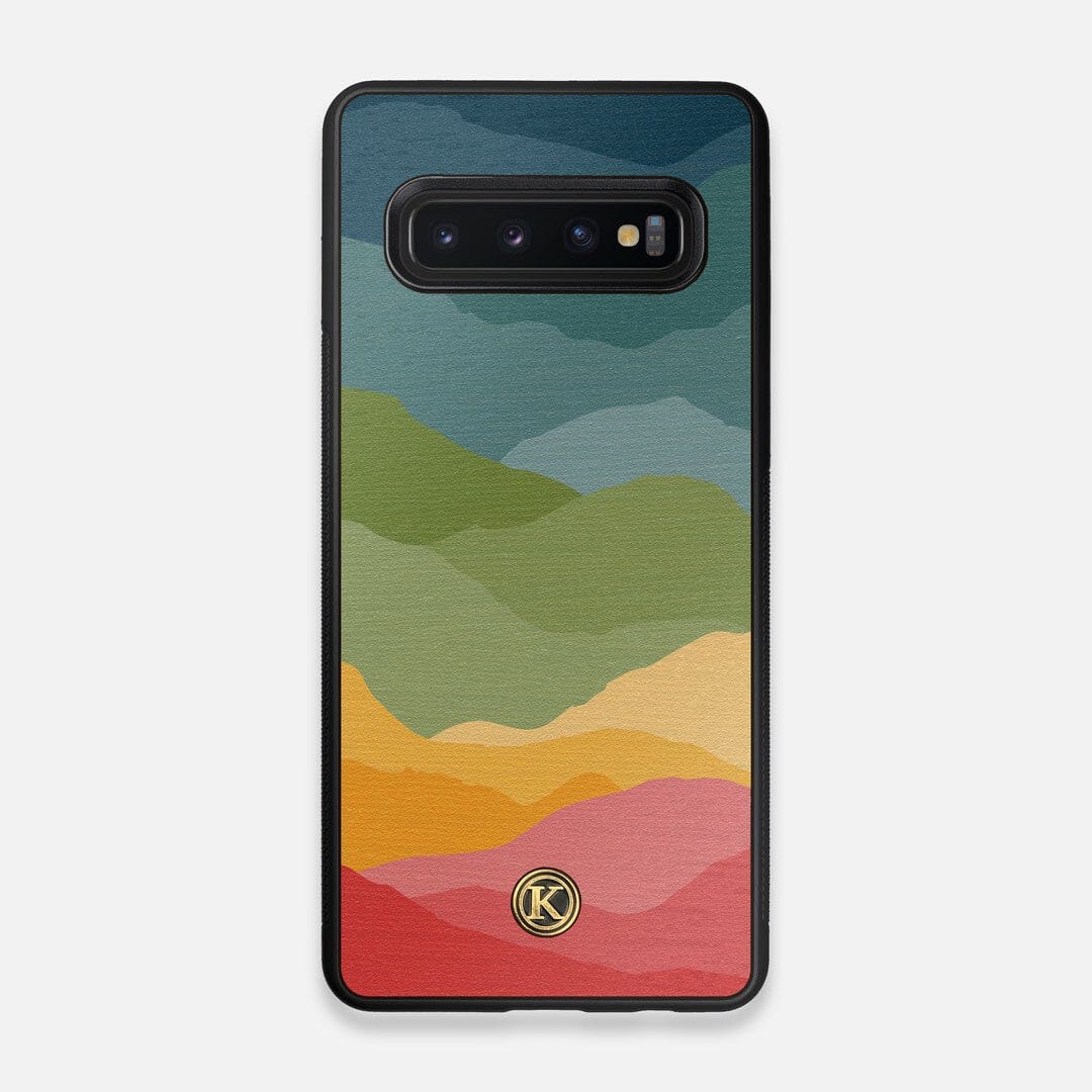 Front view of the vibrant flowing rainbow print on Wenge wood Galaxy S10 Case by Keyway Designs