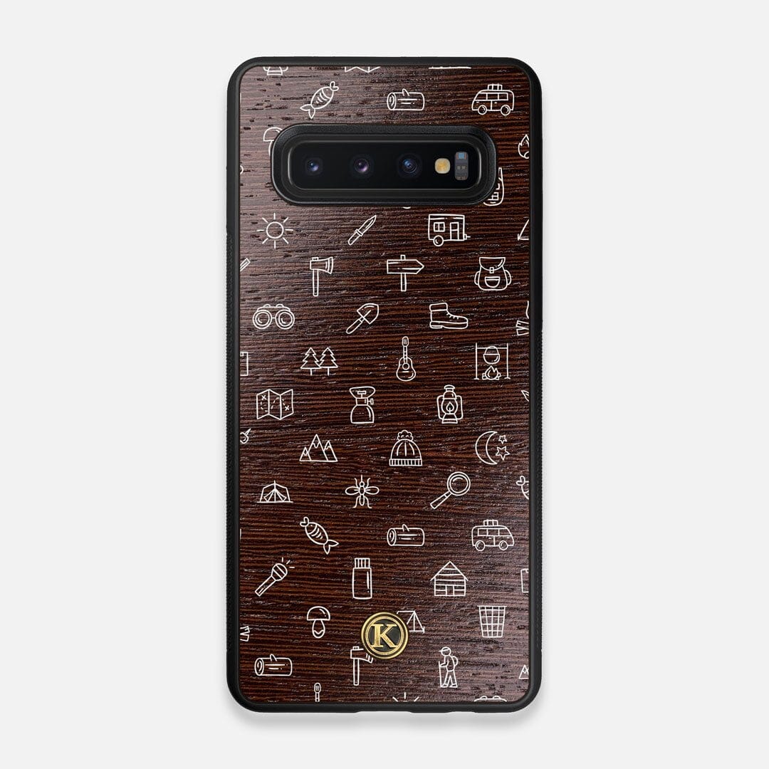 Front view of the fun detailed camping icon print on Wenge wood Galaxy S10 Case by Keyway Designs