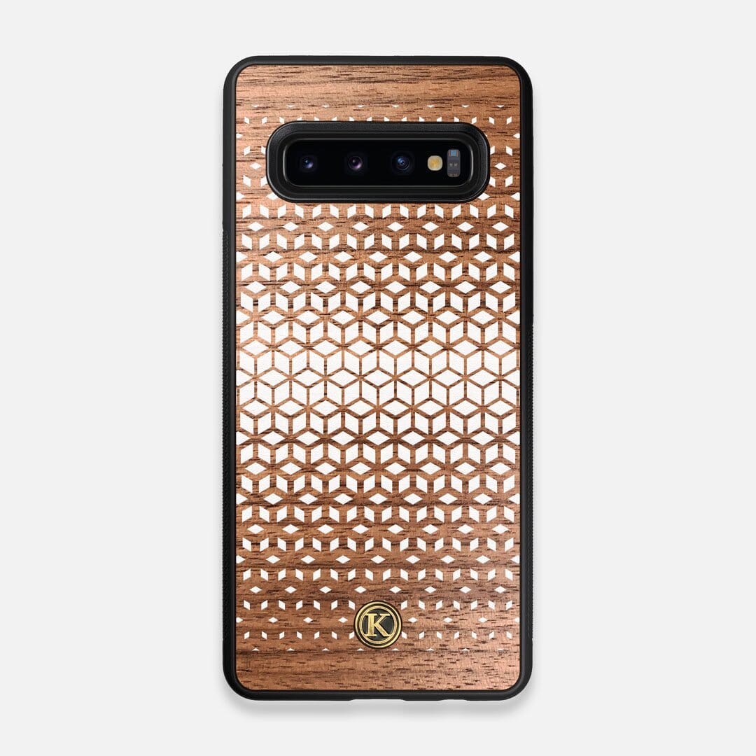 Front view of the white ink geometric gradient printed on Walnut wood Galaxy S10 Case by Keyway Designs