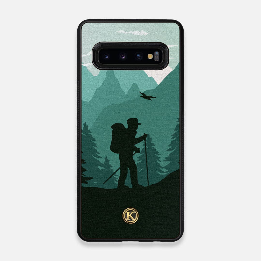 Front view of the stylized mountain hiker print on Wenge wood Galaxy S10 Case by Keyway Designs