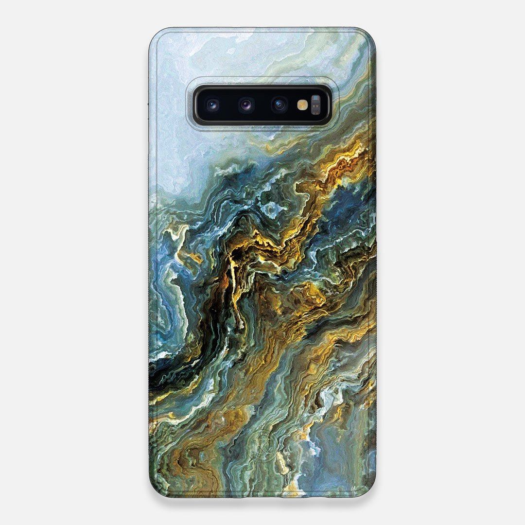 Front view of the vibrant and rich Blue & Gold flowing marble pattern printed Wenge Wood Galaxy S10+ Case by Keyway Designs