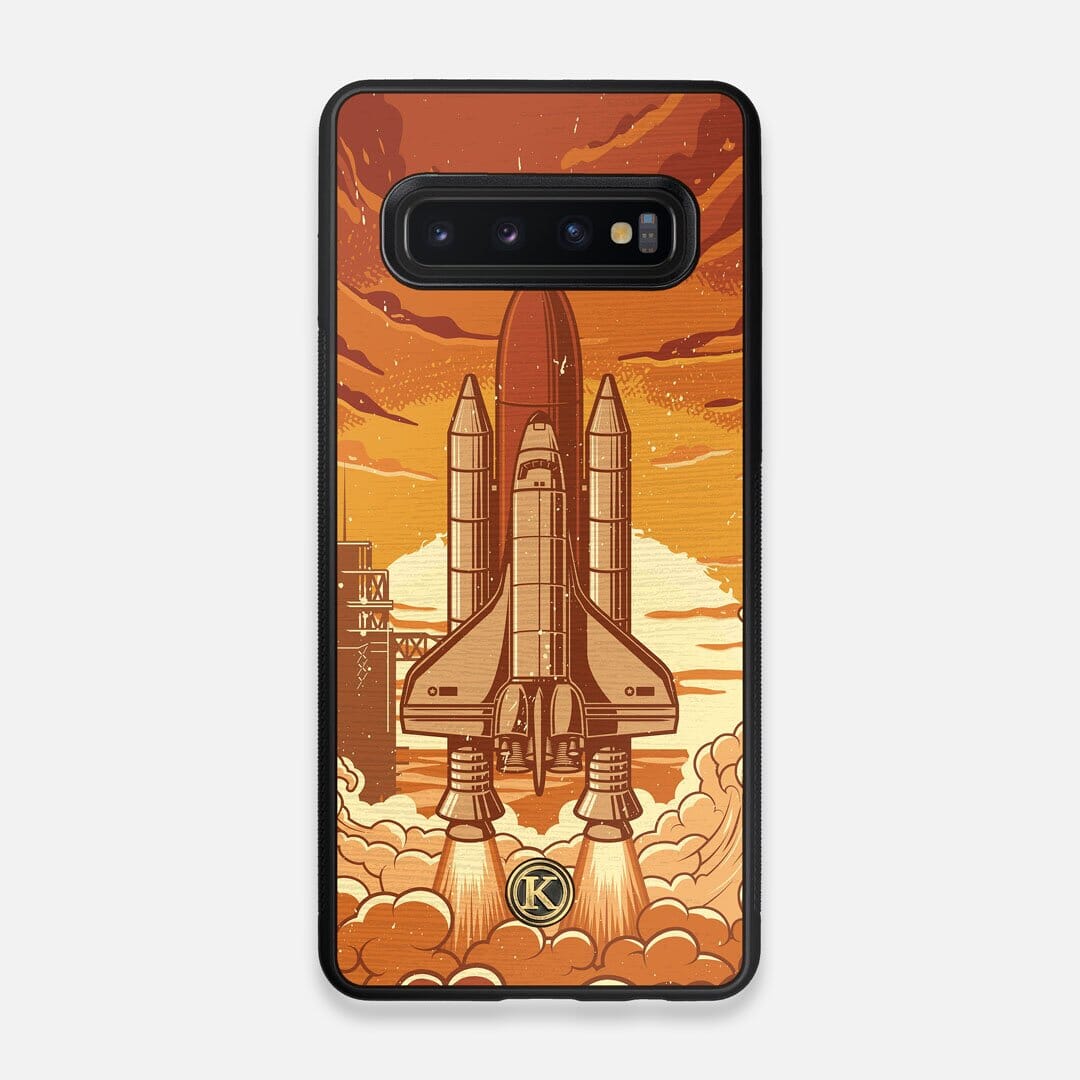 Front view of the vibrant stylized space shuttle launch print on Wenge wood Galaxy S10 Case by Keyway Designs