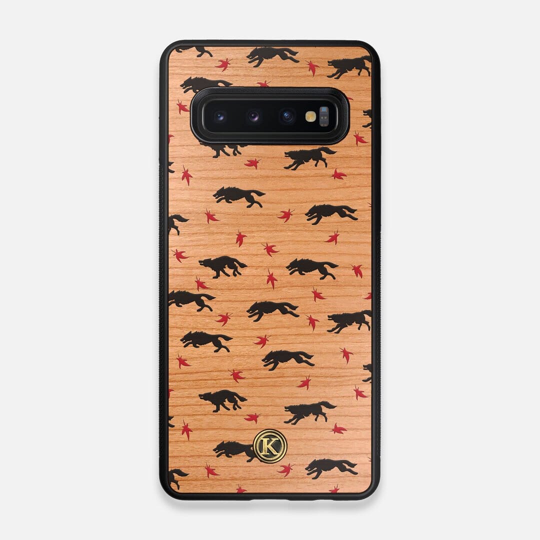 Front view of the unique pattern of wolves and Maple leaves printed on Cherry wood Galaxy S10 Case by Keyway Designs