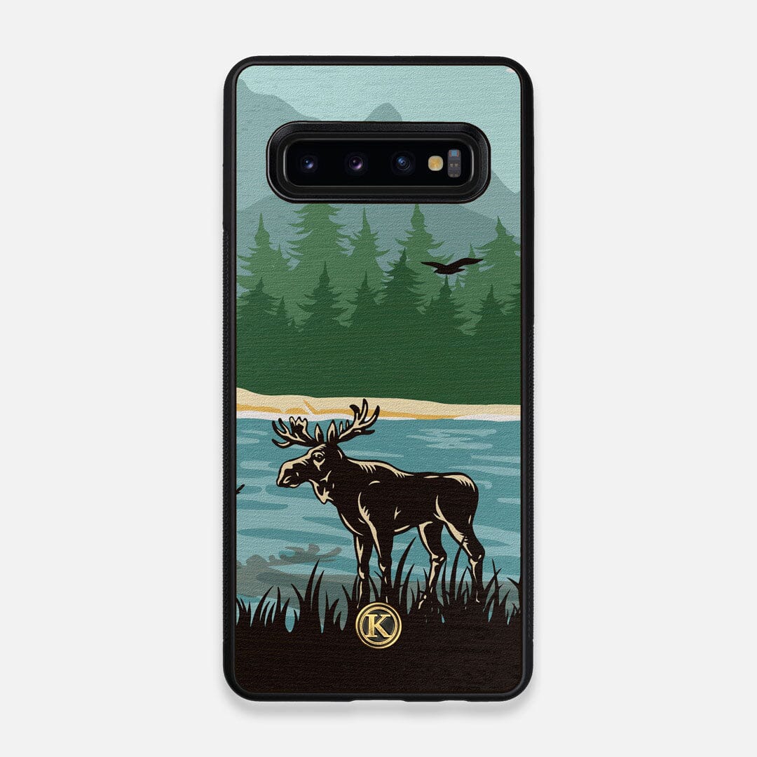 Front view of the stylized bull moose forest print on Wenge wood Galaxy S10 Case by Keyway Designs