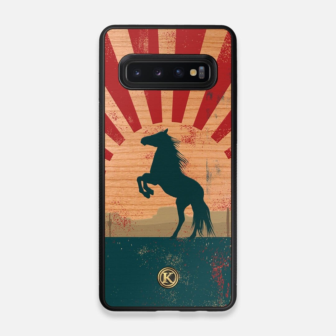 Front view of the epic mustang rearing up printed on Cherry wood Galaxy S10 Case by Keyway Designs