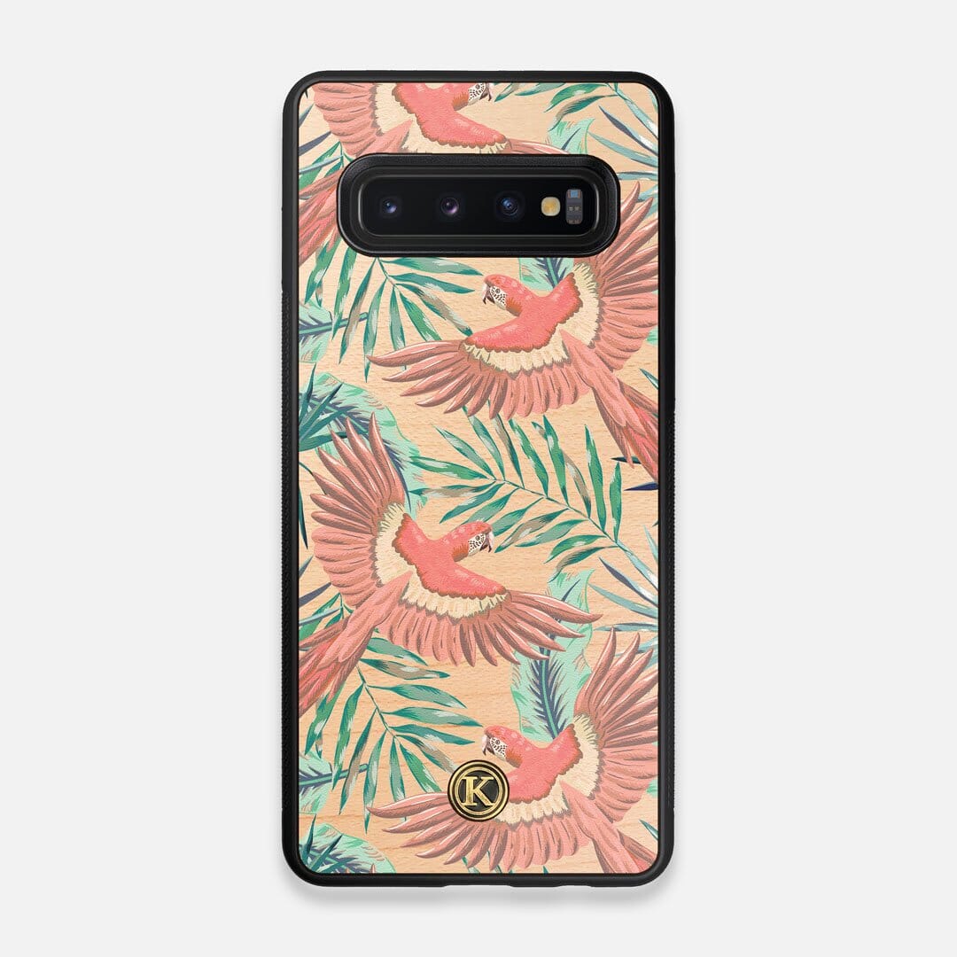 Front view of the Paradise Macaw and Tropical Leaf printed Maple Wood Galaxy S10 Case by Keyway Designs