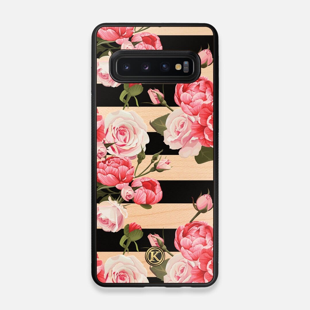 Front view of the artsy print of stripes with peonys and roses on Maple wood Galaxy S10 Case by Keyway Designs
