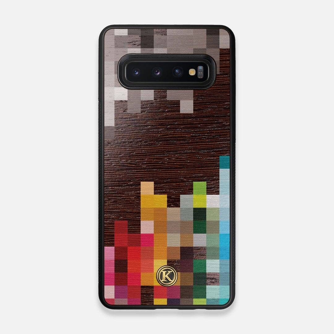 Front view of the digital art inspired pixelation design on Wenge wood Galaxy S10 Case by Keyway Designs