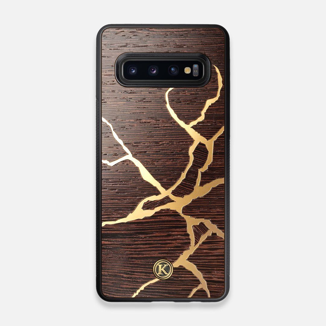 Front view of the Kintsugi inspired Gold and Wenge Wood Galaxy S10 Case by Keyway Designs