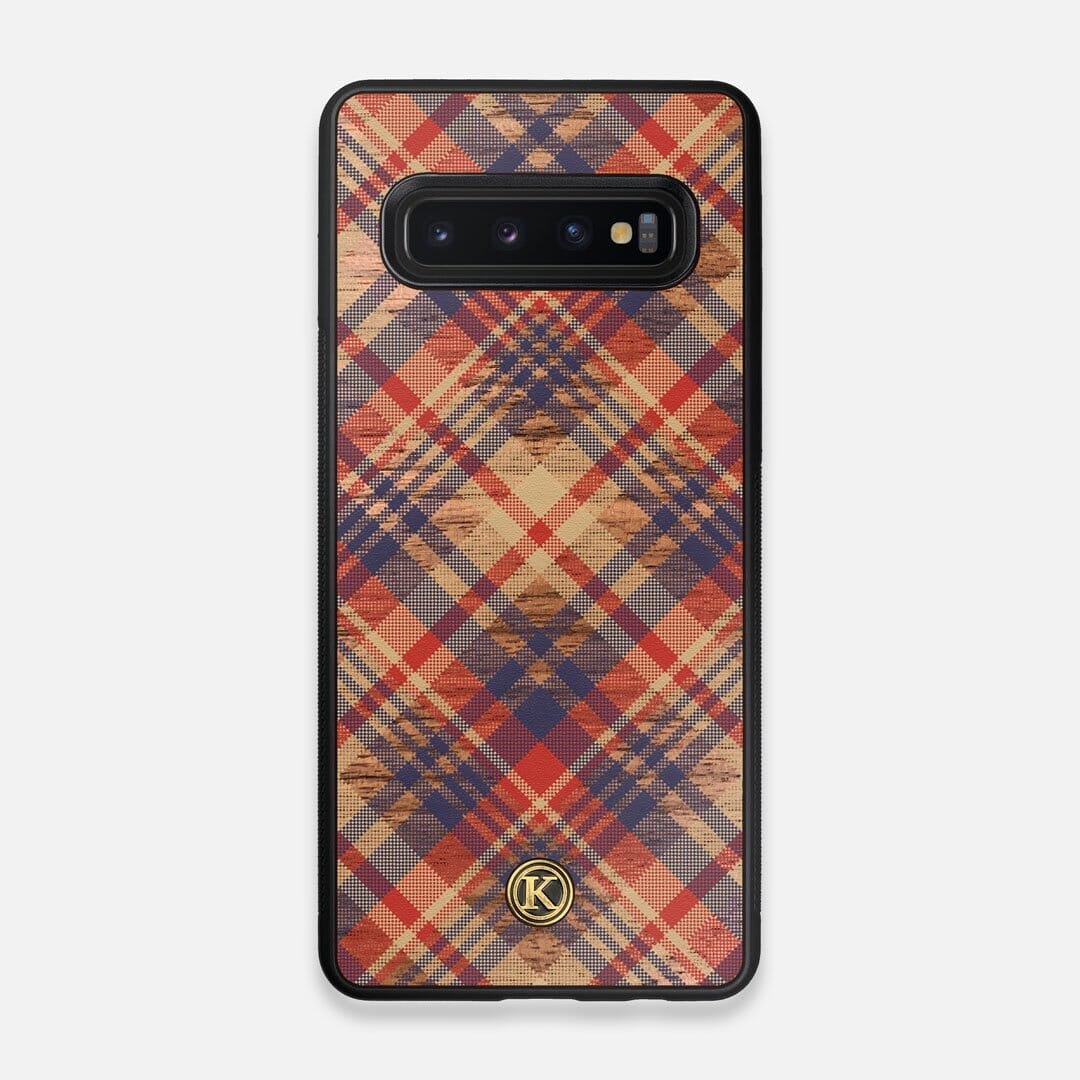 Front view of the Tartan print of beige, blue, and red on Walnut wood Galaxy S10 Case by Keyway Designs