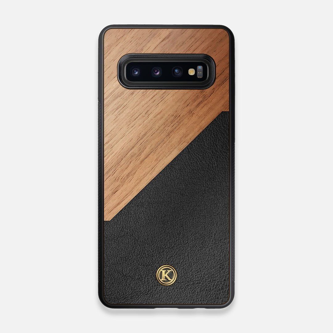 Front view of the Walnut Rift Elegant Wood & Leather Galaxy S10 Case by Keyway Designs