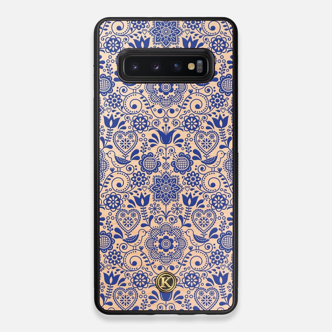 Front view of the blue floral pattern on maple wood Galaxy S10+ Case by Keyway Designs