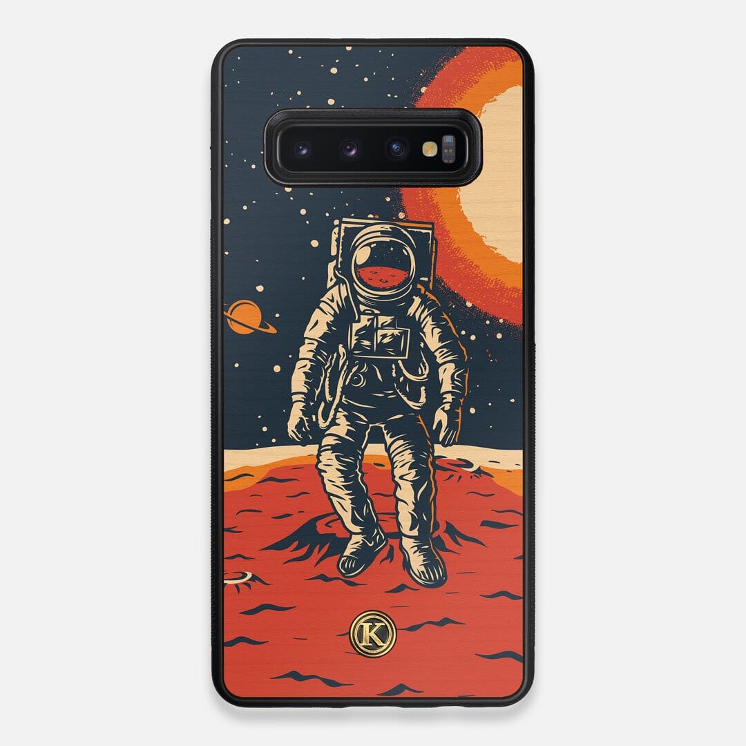 Front view of the stylized astronaut space-walk print on Cherry wood Galaxy S10+ Case by Keyway Designs