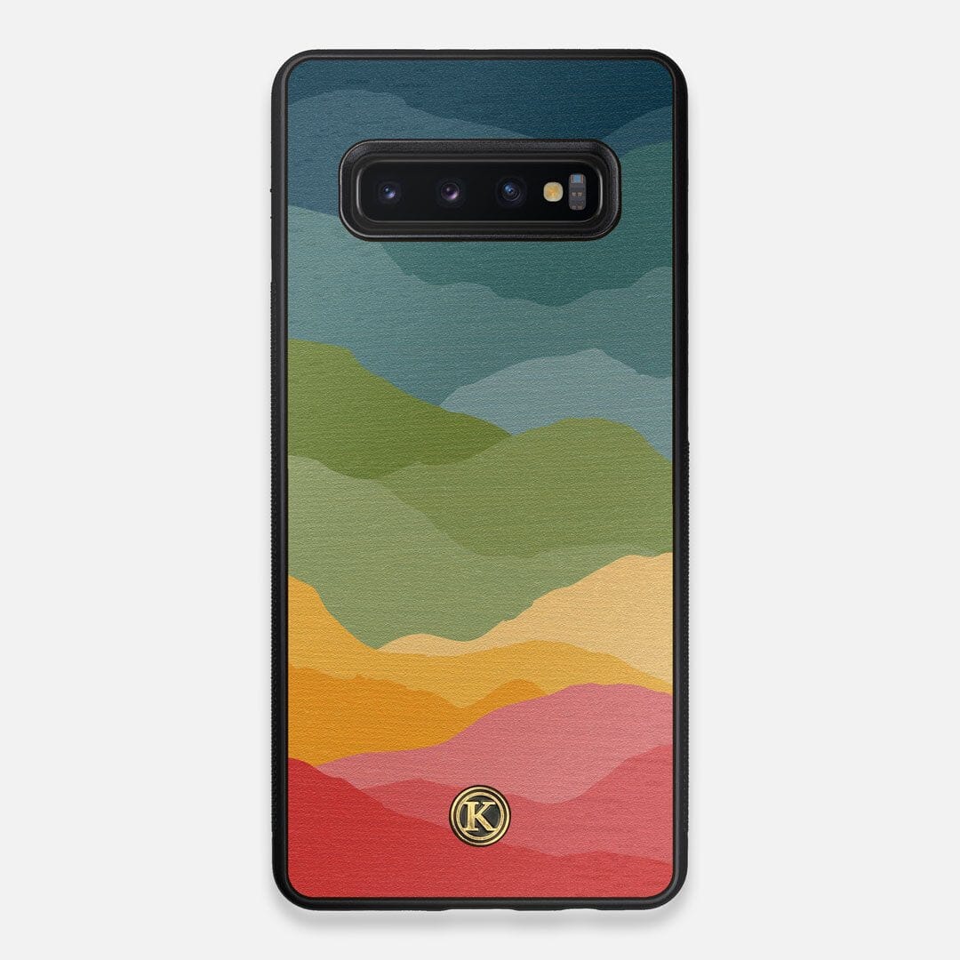 Front view of the vibrant flowing rainbow print on Wenge wood Galaxy S10+ Case by Keyway Designs