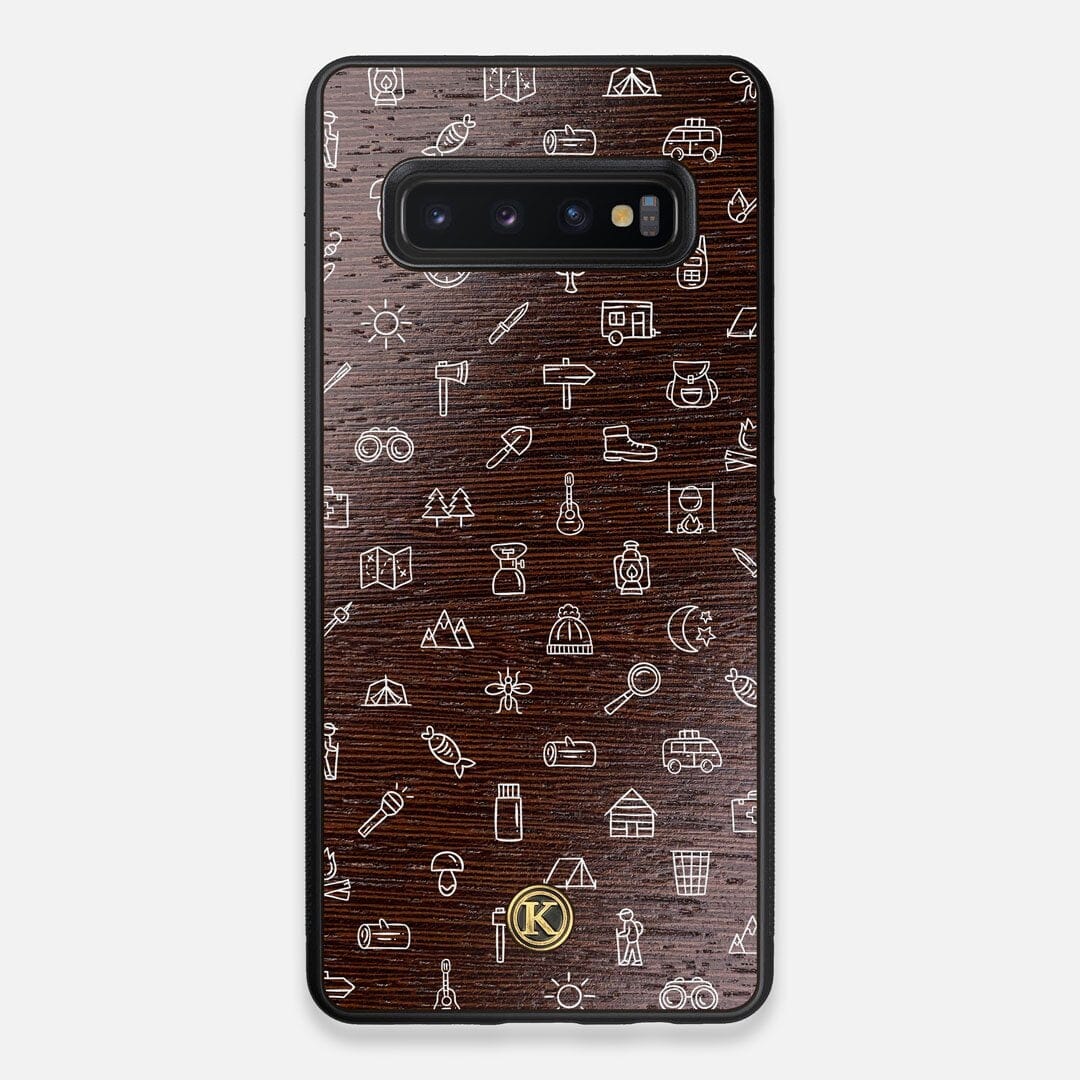 Front view of the fun detailed camping icon print on Wenge wood Galaxy S10+ Case by Keyway Designs