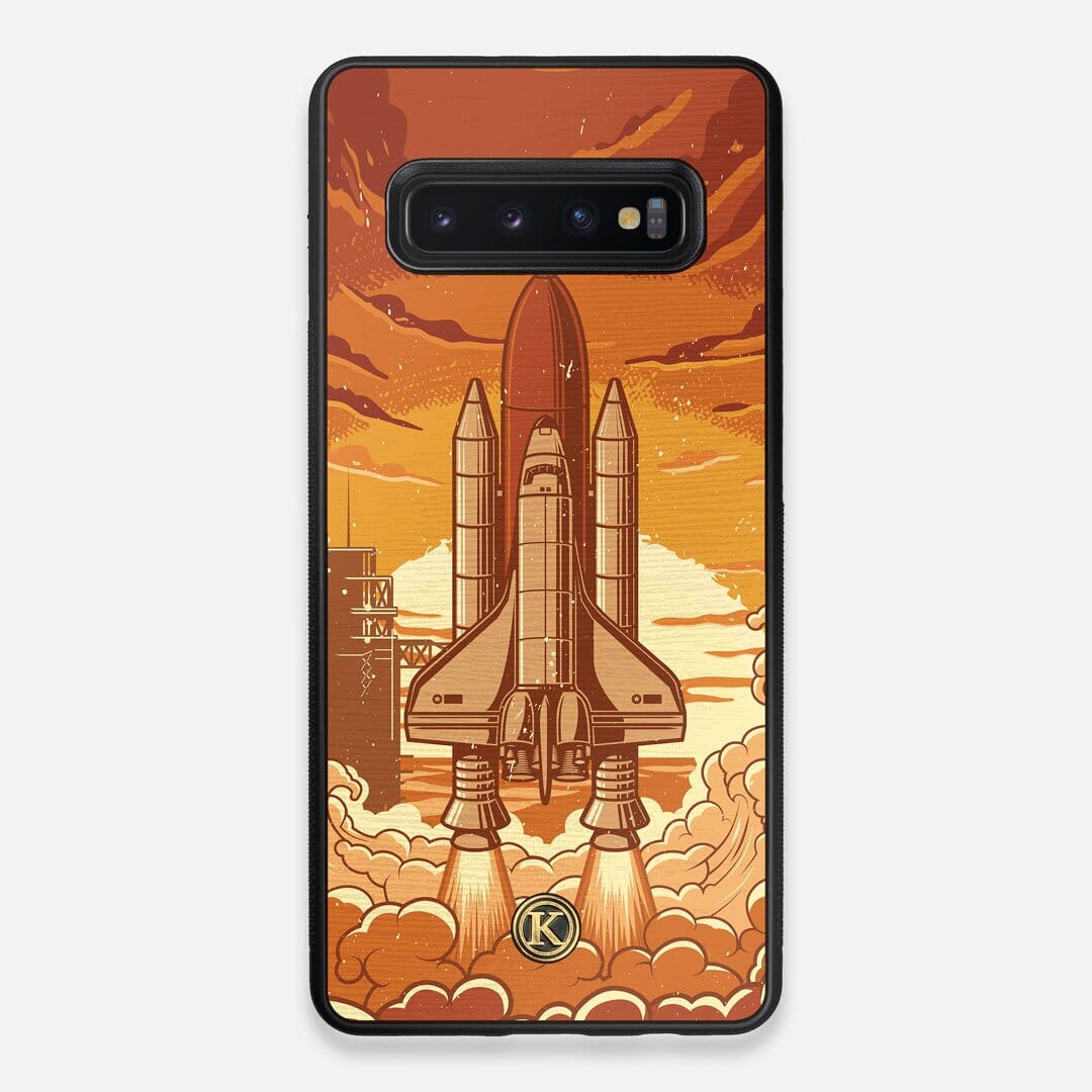 Front view of the vibrant stylized space shuttle launch print on Wenge wood Galaxy S10+ Case by Keyway Designs