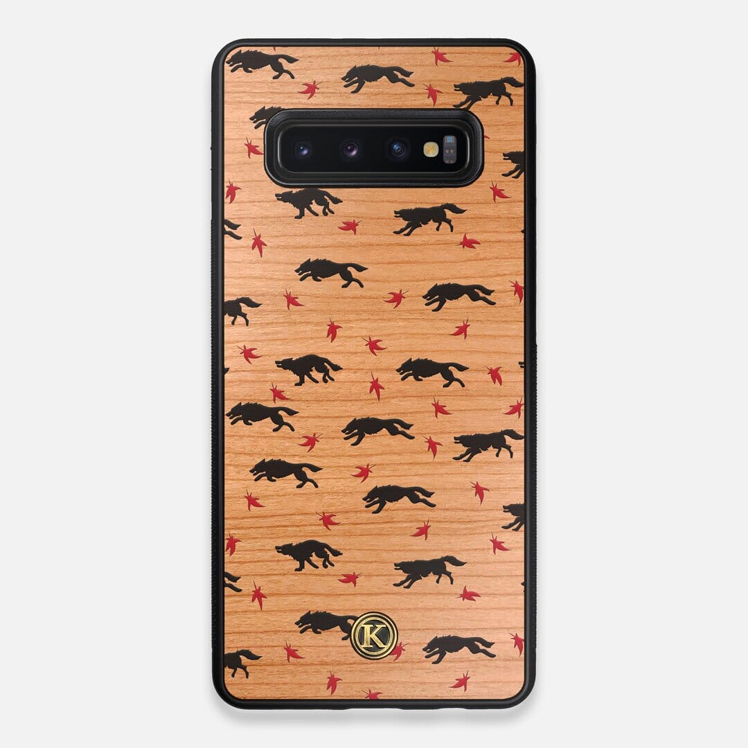 Front view of the unique pattern of wolves and Maple leaves printed on Cherry wood Galaxy S10+ Case by Keyway Designs