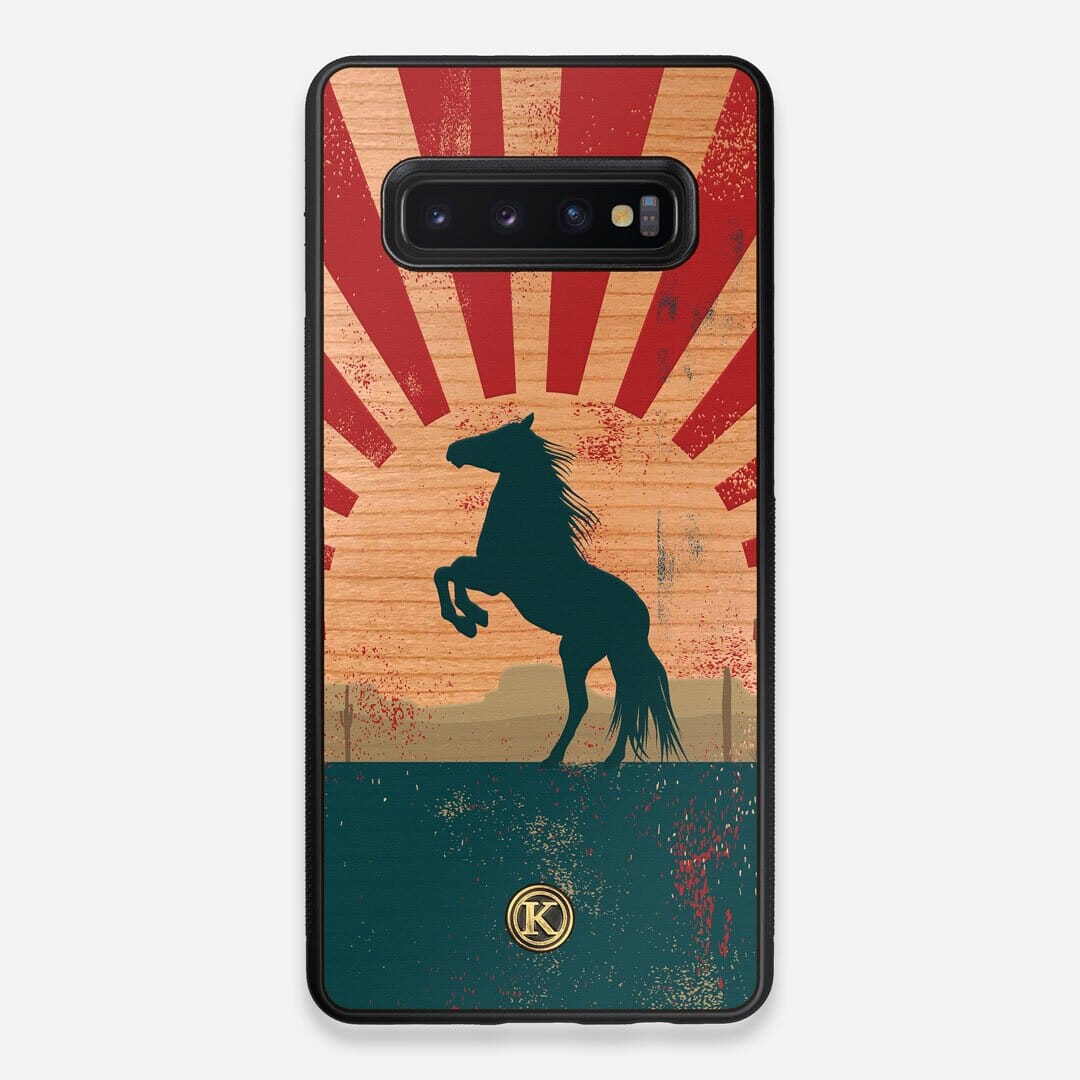 Front view of the epic mustang rearing up printed on Cherry wood Galaxy S10+ Case by Keyway Designs