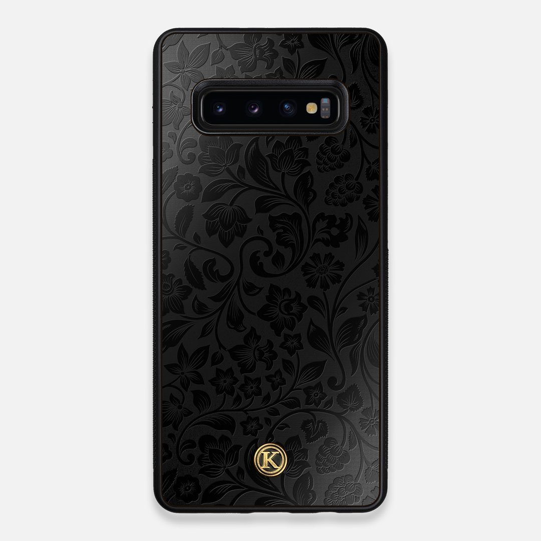 Front view of the highly detailed midnight floral engraving on matte black impact acrylic Galaxy S10+ Case by Keyway Designs
