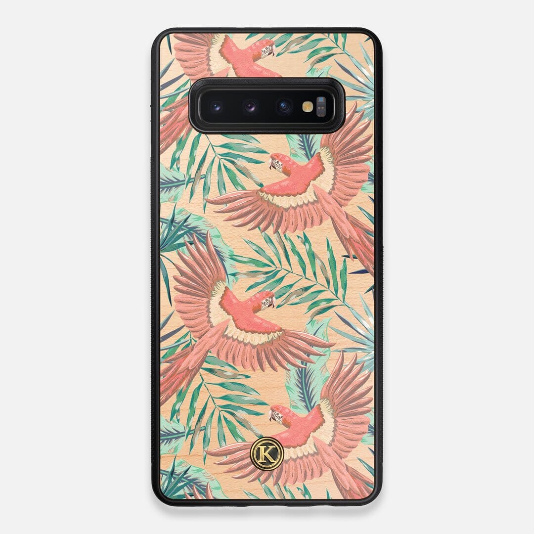 Front view of the Paradise Macaw and Tropical Leaf printed Maple Wood Galaxy S10+ Case by Keyway Designs
