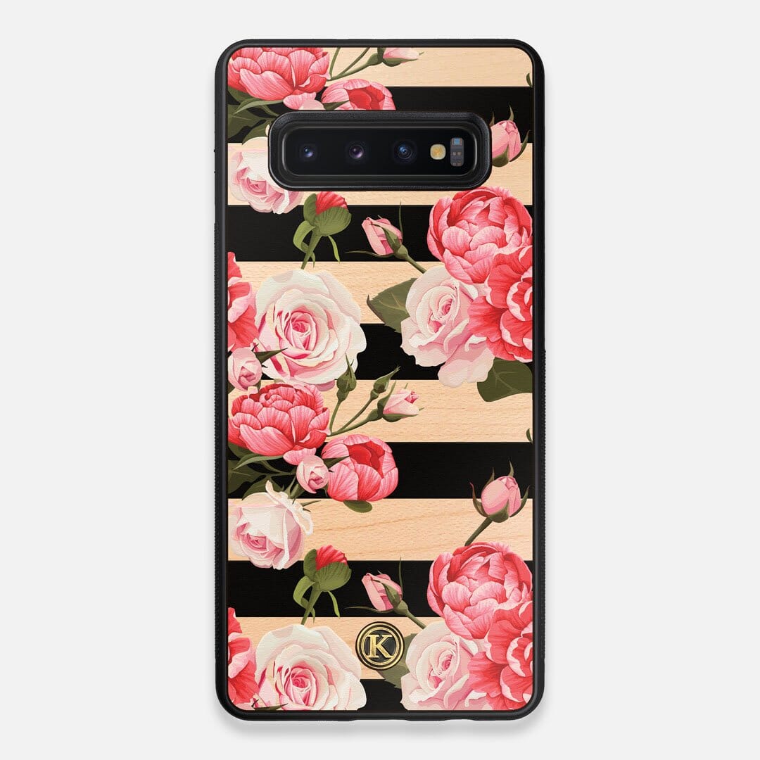 Front view of the artsy print of stripes with peonys and roses on Maple wood Galaxy S10+ Case by Keyway Designs