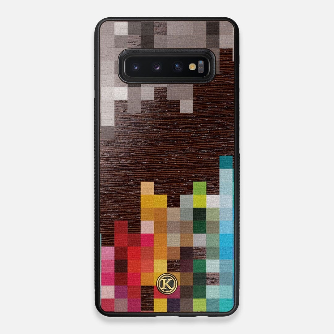 Front view of the digital art inspired pixelation design on Wenge wood Galaxy S10+ Case by Keyway Designs
